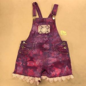 Tie Dye Denim Justice Sz 12 Girls Short Overalls Lace Upcycle SUPER CUTE!!